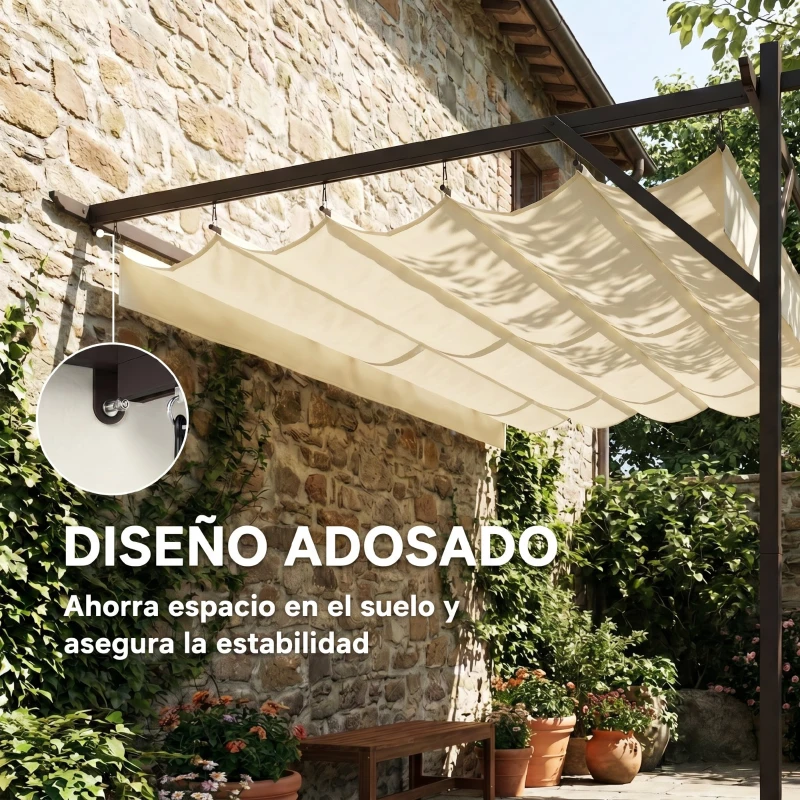 Outsunny Pérgola de Pared de Jardín 4x3 m con Techo Retráctil Protección UPF30+ Drenaje Cenador de Jardín para Exterior Crema