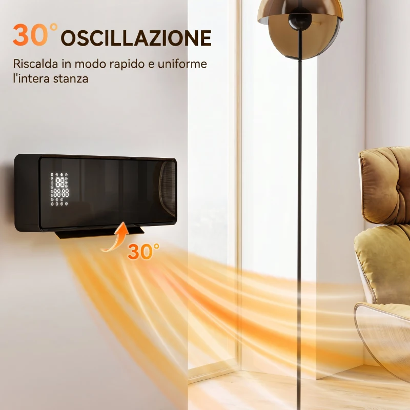 HOMCOM Stufa Ceramica 2000W a Parete con 3 Modalità, Temperatura Regolabile, Timer, Telecomando, Blocco Bambini, Nero