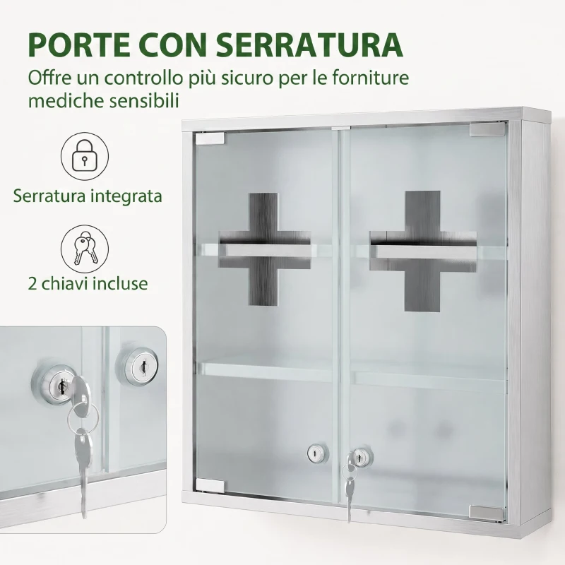 HOMCOM Armadietto per medicinali con serratura e ante in vetro, argento