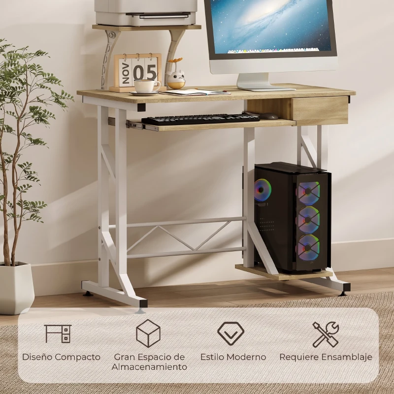 HOMCOM Mesa de Escritorio Mesa de Estudio con Bandeja de Teclado y Cajón Mesa de Ordenador para Despacho 90x50x100 cm Roble