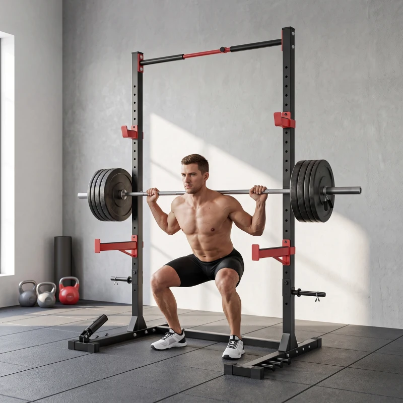 SPORTNOW Power Tower Multifonction Charge 500 kg Largeur Réglable, Barre de Traction, Rack de Squat, 176x106x212cm, Rouge
