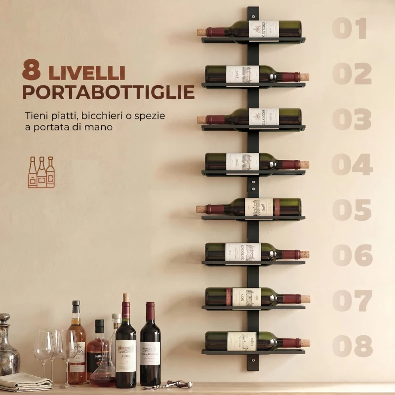 HOMCOM Portabottiglie da Parete in Acciaio per 8 Bottiglie di Vino, Cucina e Sala, 27x10x93.5 cm, Nero
