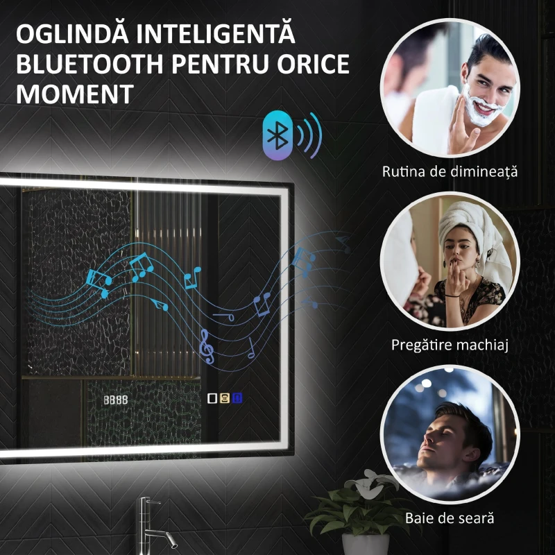 HOMCOM Oglindă Baie Anti-aburire Con Lumină Led E Difuzor Bluetooth 80x60 cm