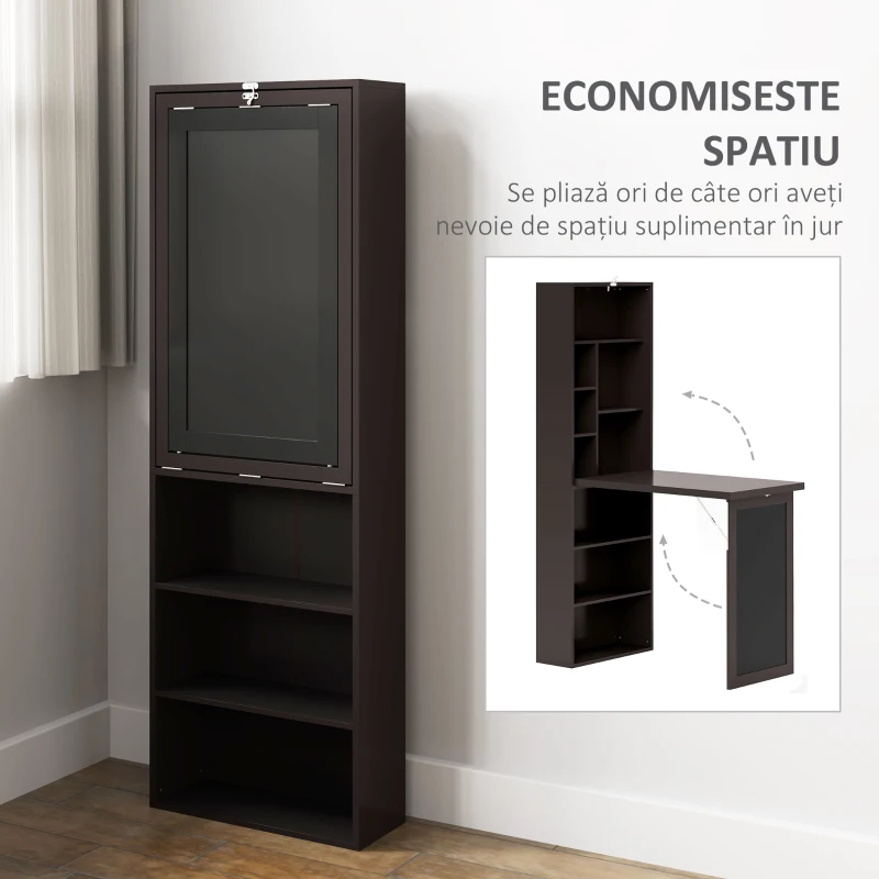 HOMCOM Birou Modern Pliabil cu Bibliotecă și Tablă, din Lemn și Metal, 98x51x153 cm, Maro