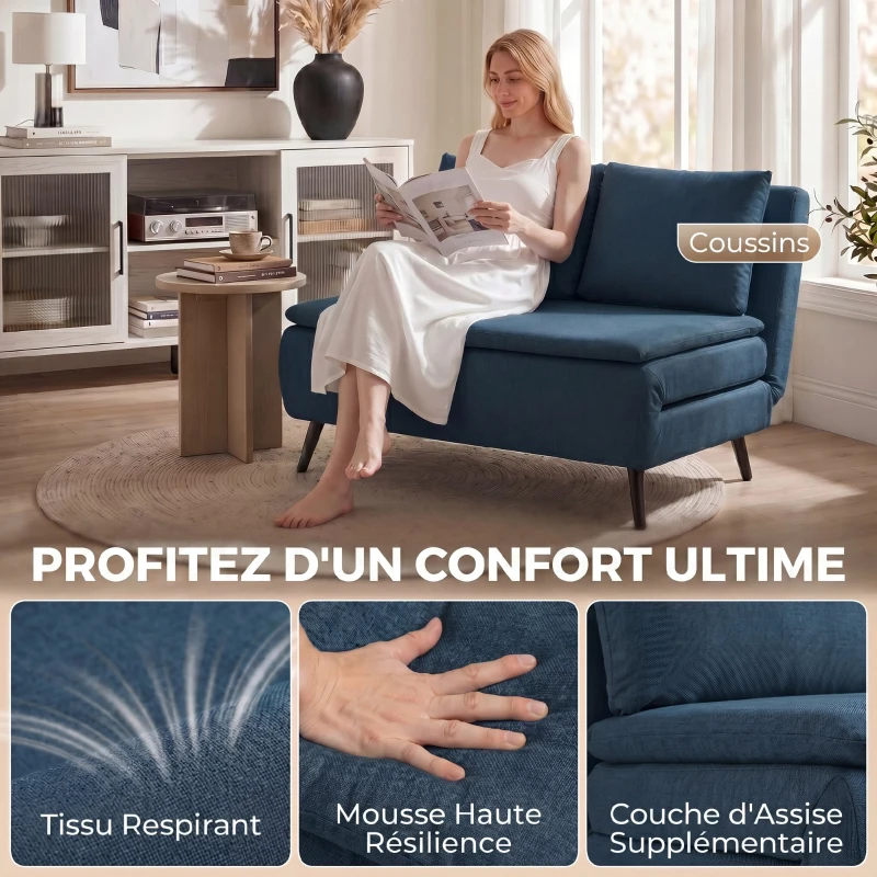 HOMCOM Canapé Convertible 2 Places, Canapé-Lit Clic-Clac 3 en 1 avec Dossier Réglable, Oreiller, Assise Large, Bleu
