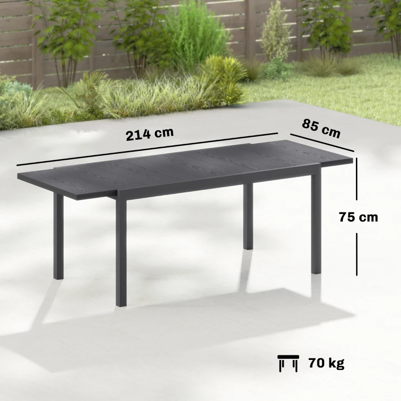 Outsunny Table de Jardin Extensible Plateau Aluminium Effet Bois Pieds Réglables 8-10 Personnes 214x85x75cm Gris Anthracite