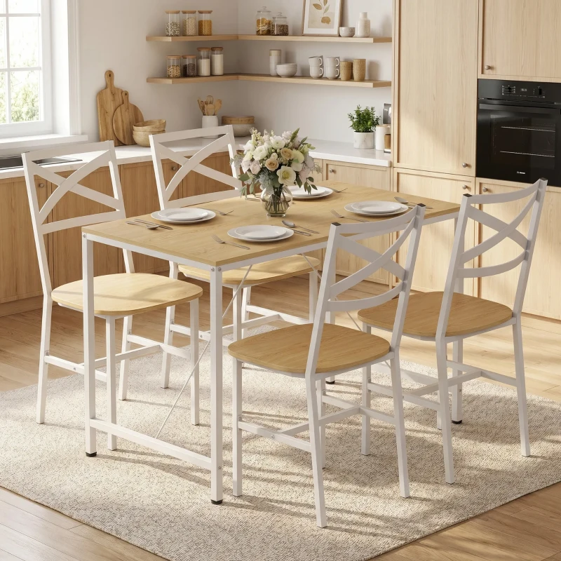 HOMCOM Ensemble Table Salle à Manger avec 4 Chaises, Table de Cuisine avec Chaises pour 4 Personnes, Bois Naturel et Blanc