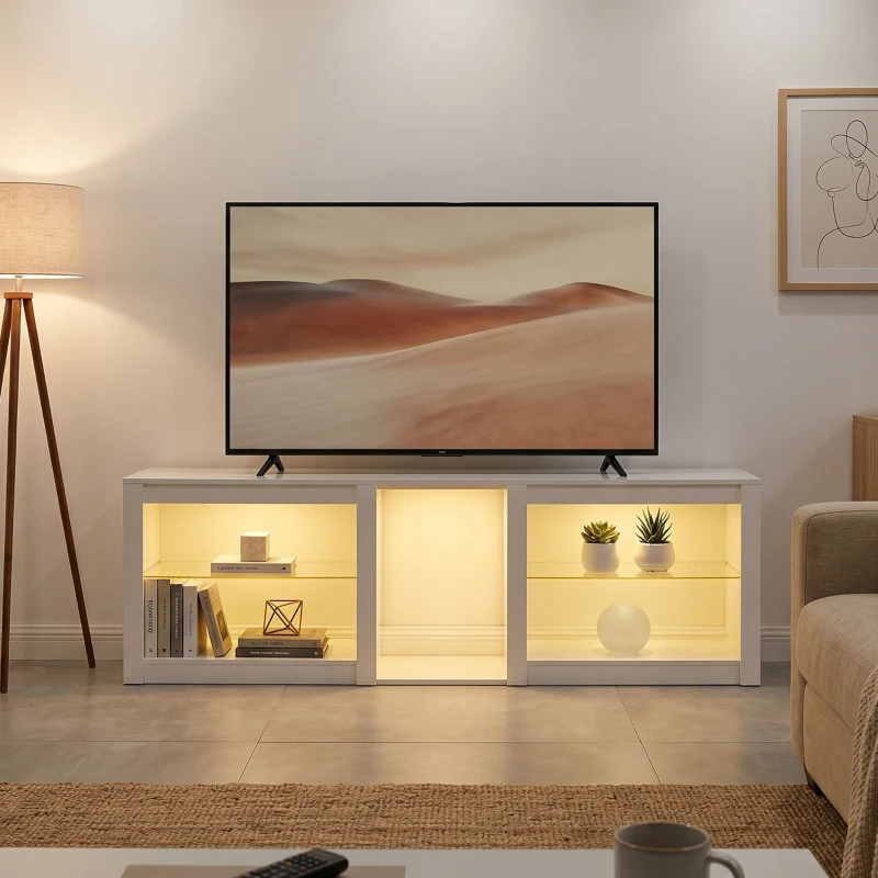 HOMCOM TV-lowboard met RGB-LED-verlichting, modern tv-meubel met verstelbare glazen planken, voor televisies tot 190,5 cm, wit