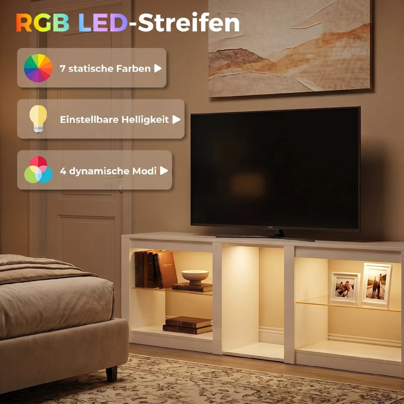 HOMCOM TV-lowboard met RGB-LED-verlichting, modern tv-meubel met verstelbare glazen planken, voor televisies tot 190,5 cm, wit