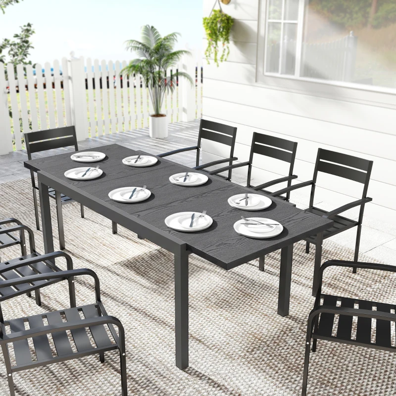 Outsunny Table de Jardin Extensible Plateau Aluminium Effet Bois Pieds Réglables 8-10 Personnes 214x85x75cm Gris Anthracite
