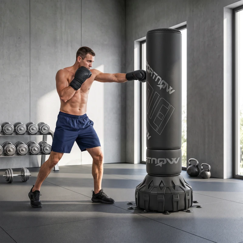SPORTNOW Sac de boxe autoportant 180 cm sac sur pied avec ventouse remplissable, base amortissante, gants, coach de boxe