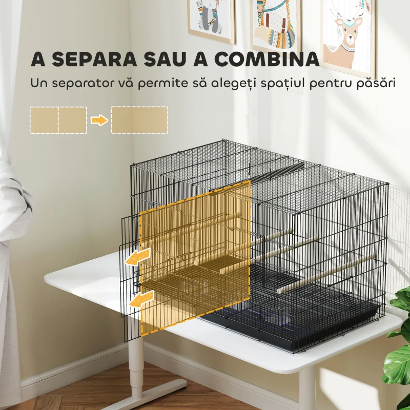PawHut Colivie pentru Păsări cu Separator și Raft Inferior pentru Depozitare, din Oțel și PP, 94x57x57 cm, Negru