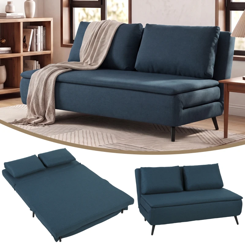 HOMCOM Canapé Convertible 2 Places, Canapé-Lit Clic-Clac 3 en 1 avec Dossier Réglable, Oreiller, Assise Large, Bleu