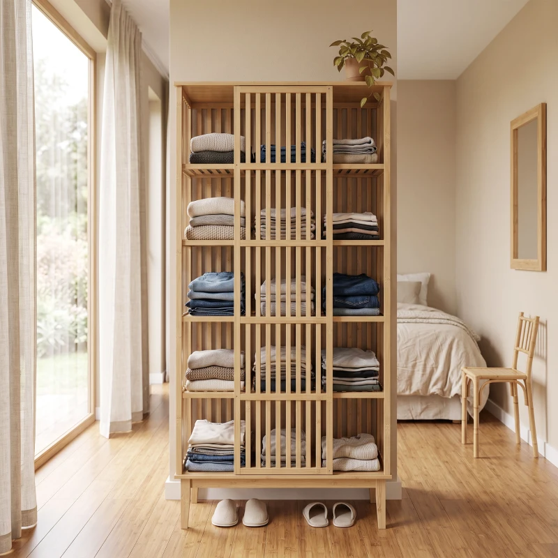 HOMCOM Kleiderschrank aus Bambus 5 Ebenen mit Schiebetür, Luftiges Lamellendesign, Naturholz