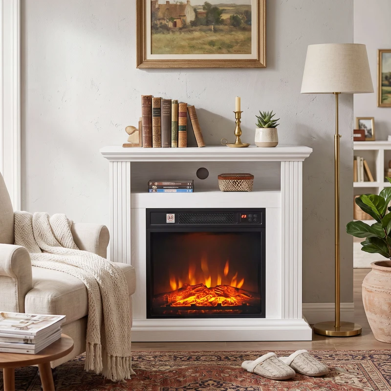 HOMCOM Șemineu Electric 1800 W, Efect flacără cu 3 niveluri de luminozitate, Șemineu fals cu raft, Aspect lemn alb