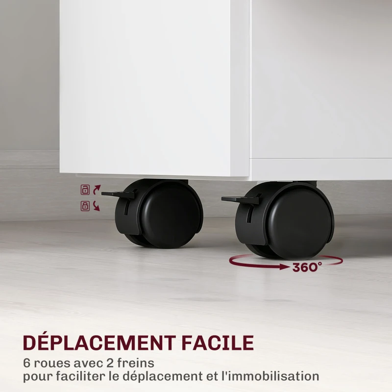 HOMCOM Table à manger pliable pour 6 personnes, table de cuisine sur roulettes avec 2 tiroirs 2 placards, 140x76x74cm, blanc