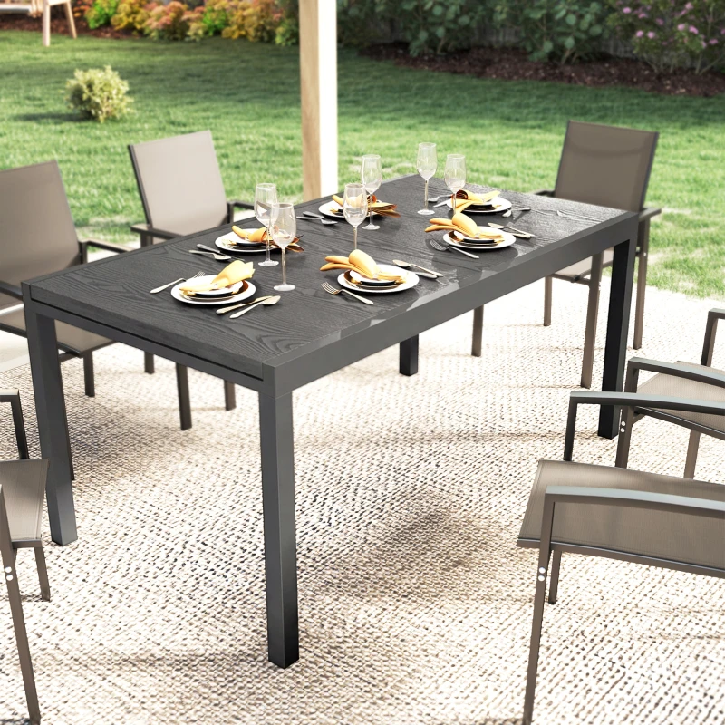 Outsunny Table de Jardin Extensible Plateau Aluminium Effet Bois Pieds Réglables 8-10 Personnes 214x85x75cm Gris Anthracite