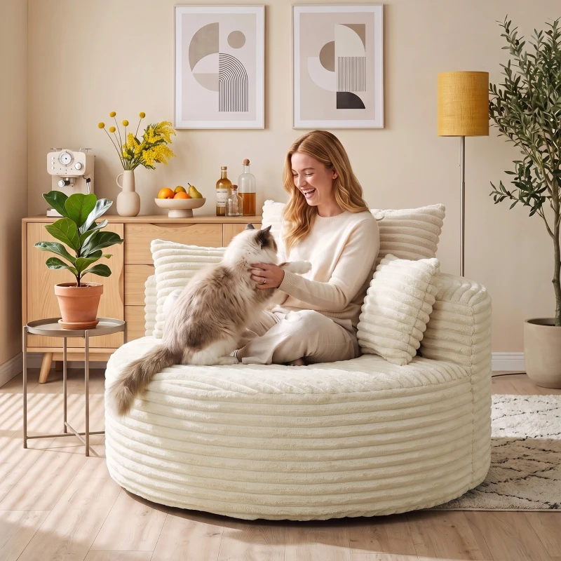 HOMCOM Fauteuil à assise profonde, fauteuil individuel sans armature, design intégral en mousse, 4 coussins, crème