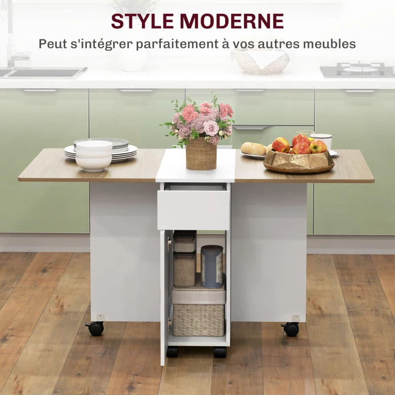 HOMCOM Table à manger pliable pour 6 personnes, table de cuisine sur roulettes avec 2 tiroirs 2 placards, 140x76x74cm, blanc