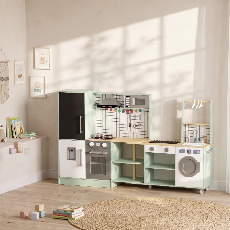 AIYAPLAY Cuisine Enfant Jouet d'Imitation, Micro-Ondes, Four, Plateau Rotatif sur Roulettes, 160x32x97,5cm, Vert Clair