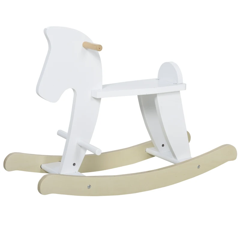 HOMCOM Cheval à Bascule en Bois - Jeu à Bascule Avec Poignées, Repose-Pied et Butées - MDF Contreplaqué Blanc et Bois Naturel