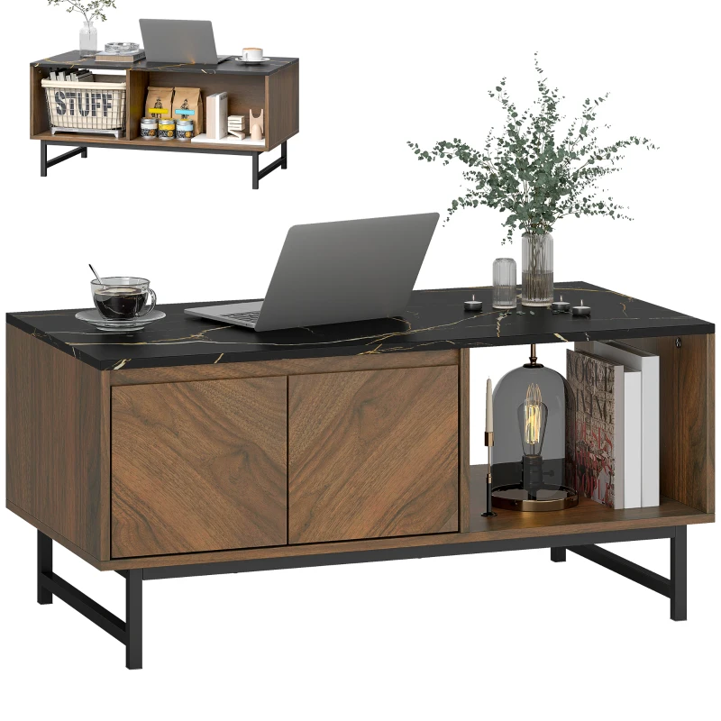 HOMCOM Table basse, table de salon, plateau effet marbre, 2 portes et 2 niches ouvertes, 100 x 50,8 x 45,7 cm, noyer
