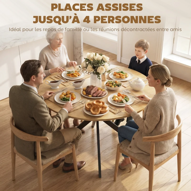 HOMCOM Table à Manger Ronde pour 4 Personnes 100 cm, Style Industriel avec Plateau Aspect Bois, Piètement Croisé en Acier Chêne