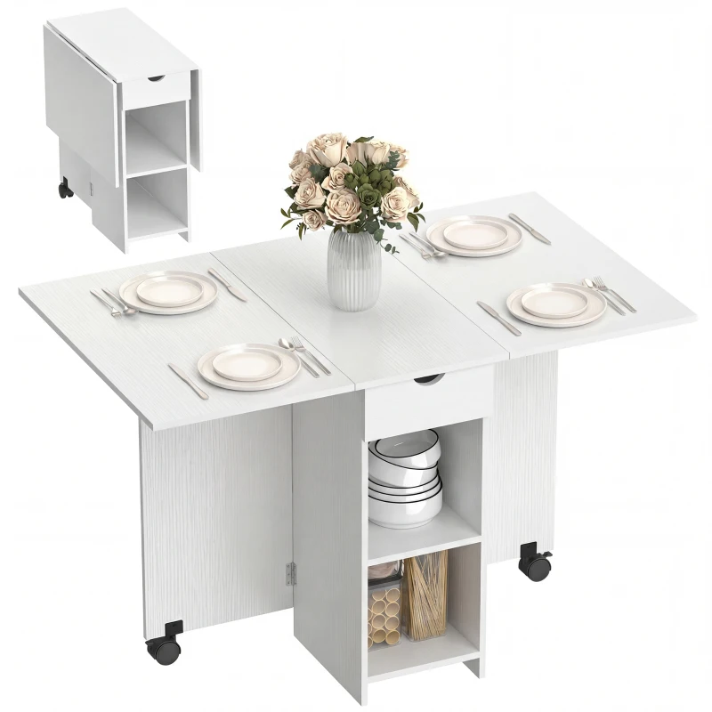 HOMCOM Masă de bucătărie pliantă cu roți Aripi rabatabile Sertar și rafturi pentru 2-4 persoane 120x72x75 cm Alb