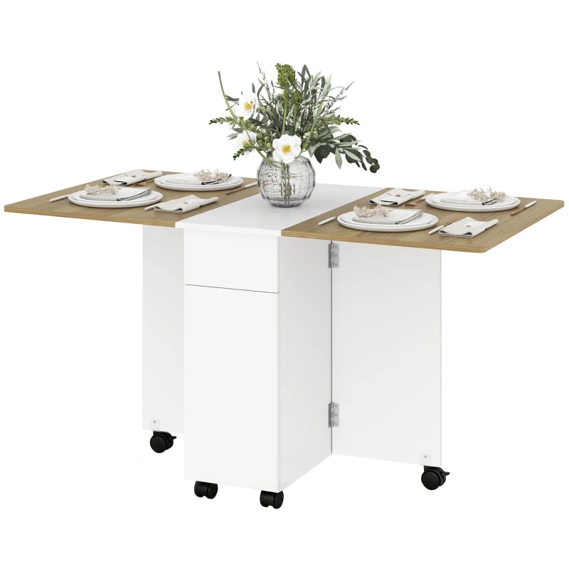 HOMCOM Table à manger pliable pour 6 personnes, table de cuisine sur roulettes avec 2 tiroirs 2 placards, 140x76x74cm, blanc