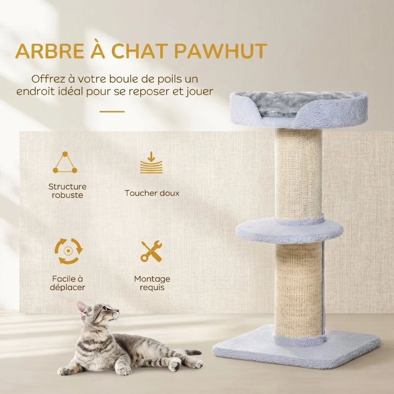 PawHut Arbre à chat avec griffoir centre d'activités 2 plateformes coussin bleu clair