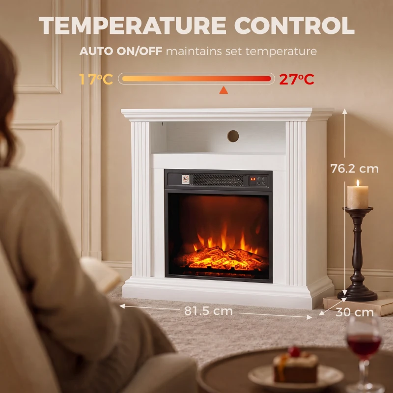 HOMCOM Șemineu Electric 1800 W, Efect flacără cu 3 niveluri de luminozitate, Șemineu fals cu raft, Aspect lemn alb