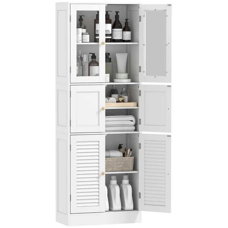 HOMCOM Meuble de salle de bain haut, meuble de rangement avec 6 portes dont 2 vitrées et 2 persiennes, étagère réglable, blanc