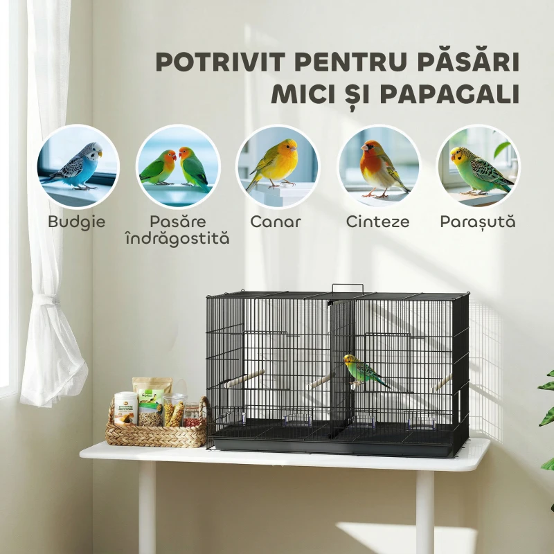 PawHut Colivie pentru Păsări cu Separator și Raft Inferior pentru Depozitare, din Oțel și PP, 94x57x57 cm, Negru