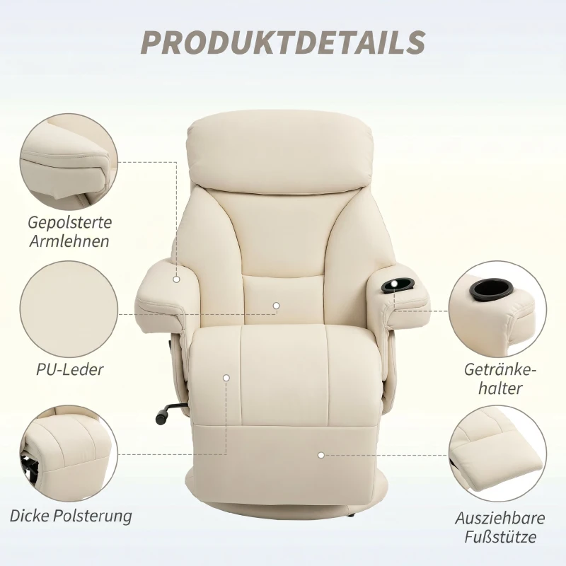 HOMCOM Relaxfauteuil met ligfunctie, bekerhouder en zijvak voor woonkamer of slaapkamer – crème