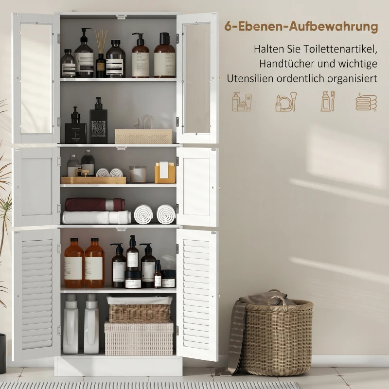 HOMCOM Meuble de salle de bain haut, meuble de rangement avec 6 portes dont 2 vitrées et 2 persiennes, étagère réglable, blanc