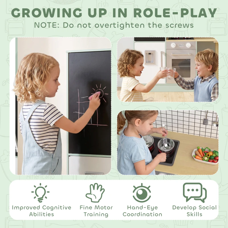 AIYAPLAY Cuisine Enfant Jouet d'Imitation, Micro-Ondes, Four, Plateau Rotatif sur Roulettes, 160x32x97,5cm, Vert Clair