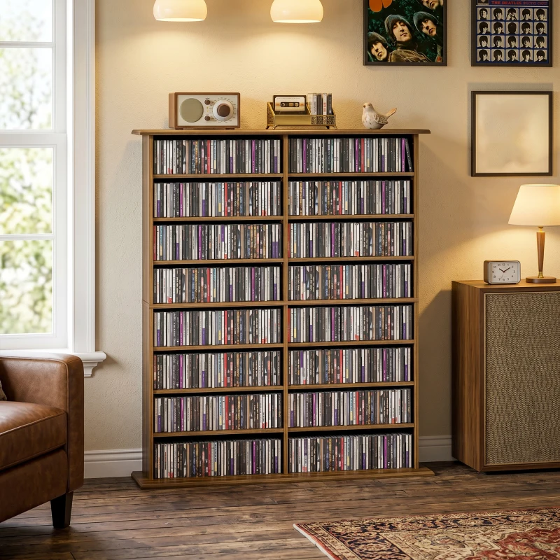 HOMCOM Rangements pour CD et DVD avec 16 compartiments et 12 étagères réglables capacité max. 720 CD/396 DVD et Blu-ray noyer