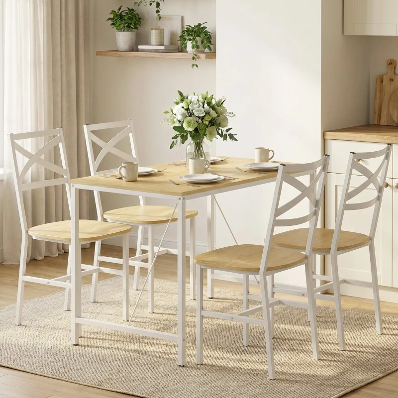 HOMCOM Ensemble Table Salle à Manger avec 4 Chaises, Table de Cuisine avec Chaises pour 4 Personnes, Bois Naturel et Blanc