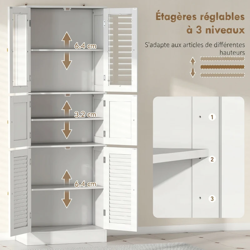 HOMCOM Meuble de salle de bain haut, meuble de rangement avec 6 portes dont 2 vitrées et 2 persiennes, étagère réglable, blanc