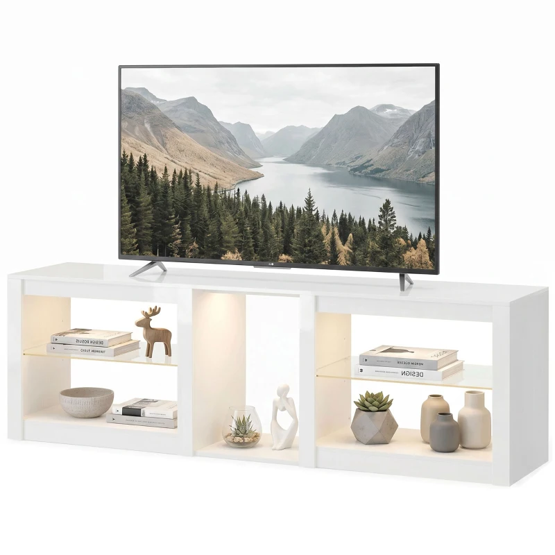 HOMCOM TV-lowboard met RGB-LED-verlichting, modern tv-meubel met verstelbare glazen planken, voor televisies tot 190,5 cm, wit