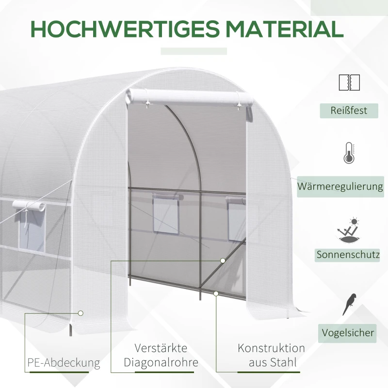Outsunny Tunnel-Gewächshaus 8m², Tunnel-Gewächshaus mit Tür und 6 Fenstern, PE-Abdeckung 140 g/m² 400 x 200 x 200 cm weiß
