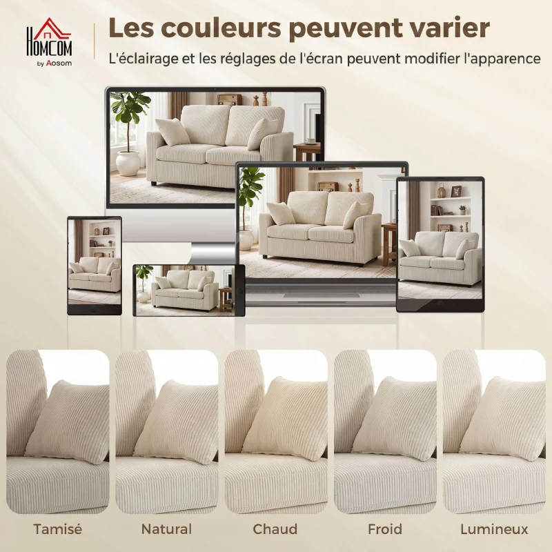 HOMCOM Canapé 2 Places en Velours Côtelé, Canapé de Salon 144 cm avec Assise Large Rembourrée, 2 Oreillers, Beige