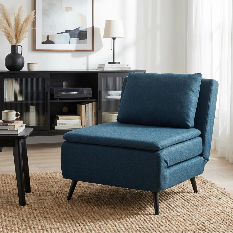 HOMCOM Fauteuil Convertible 1 Place, Fauteuil-Lit Clic-Clac 3 en 1 avec Dossier Réglable, Oreiller, Assise Large, Bleu