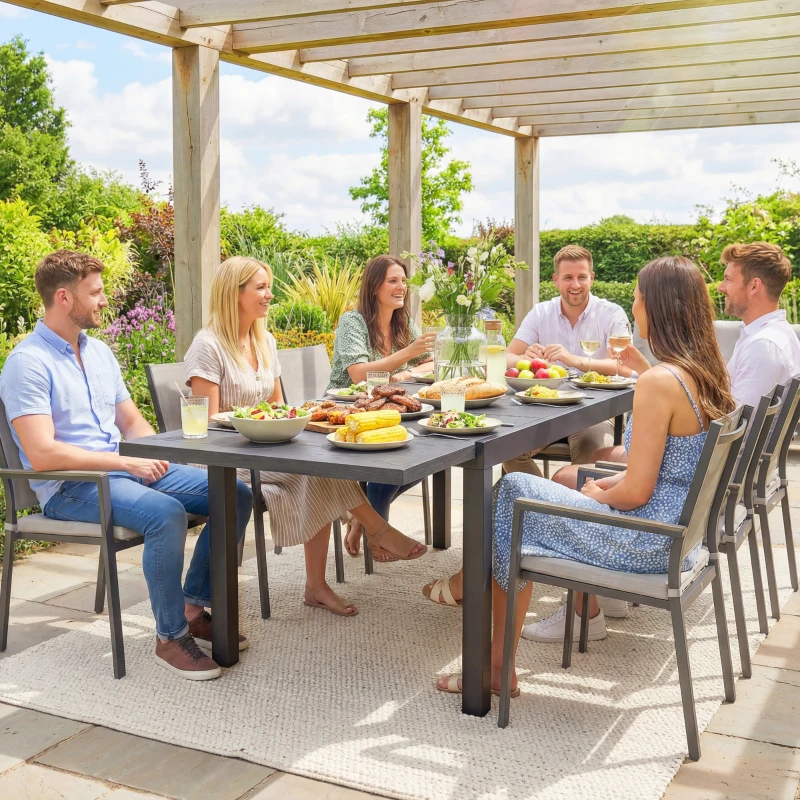 Outsunny Table de Jardin Extensible Plateau Aluminium Effet Bois Pieds Réglables 8-10 Personnes 214x85x75cm Gris Anthracite