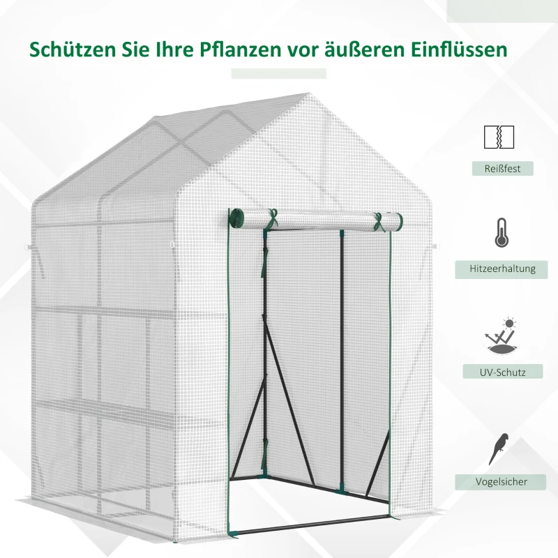 Outsunny kunststof kas met 4 planken en stalen frame, wit, 143 x 143 x 195 cm