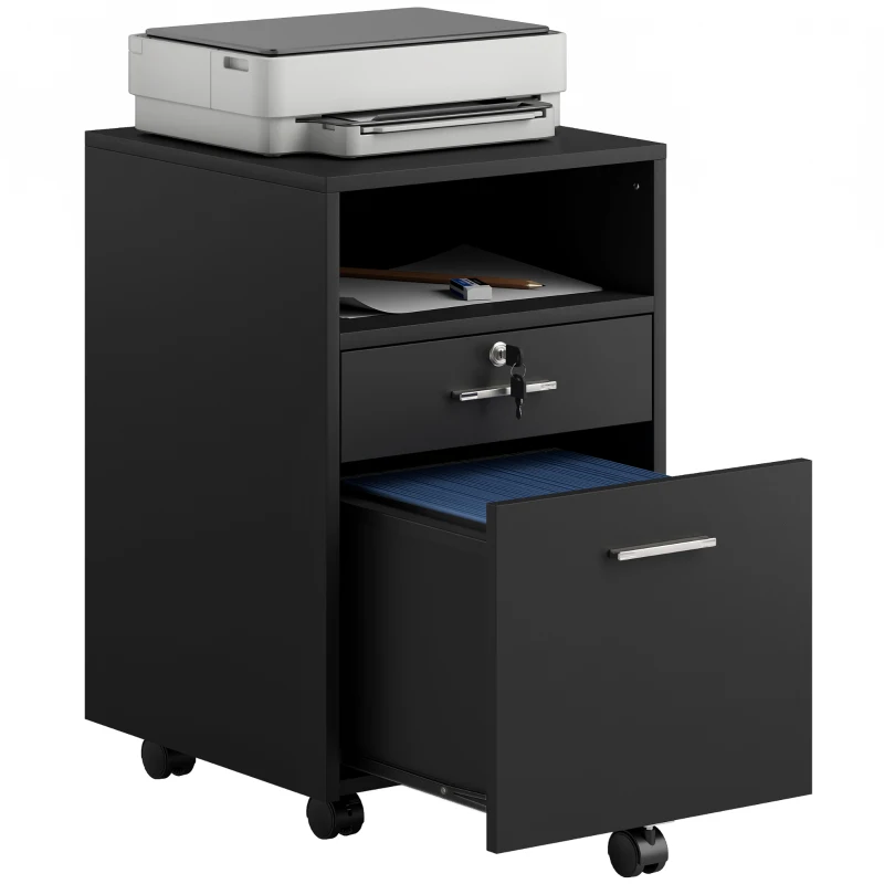 Vinsetto Caisson de bureau à roulettes, 2 tiroirs, un tiroir verrouillable, 5 roulettes, Noir, 40 x 40 x 65 cm