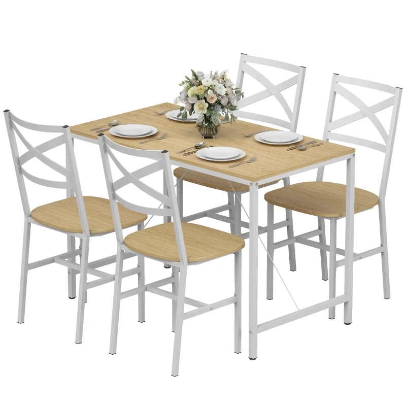 HOMCOM Ensemble Table Salle à Manger avec 4 Chaises, Table de Cuisine avec Chaises pour 4 Personnes, Bois Naturel et Blanc
