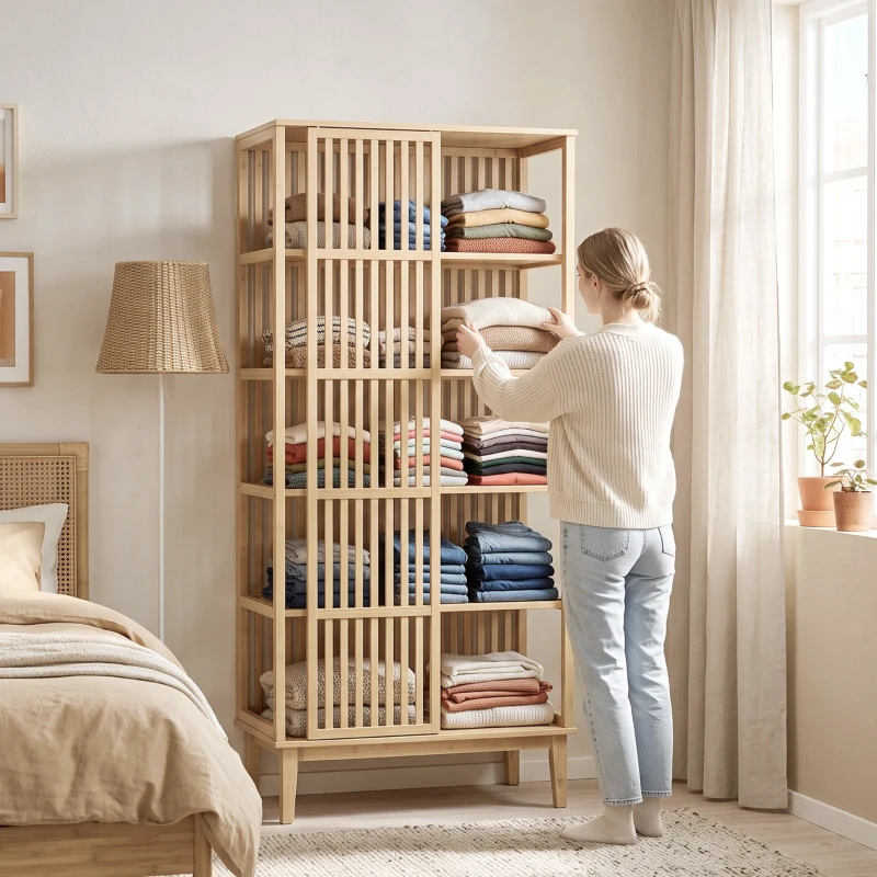 HOMCOM Kleiderschrank aus Bambus 5 Ebenen mit Schiebetür, Luftiges Lamellendesign, Naturholz