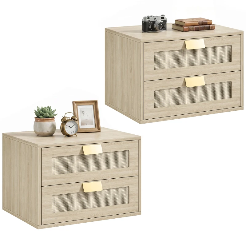 HOMCOM 2er-Set Wand-Nachttische, Hängende Nachttische mit 2 Schubladen und Ablage in Rattanoptik, Eiche