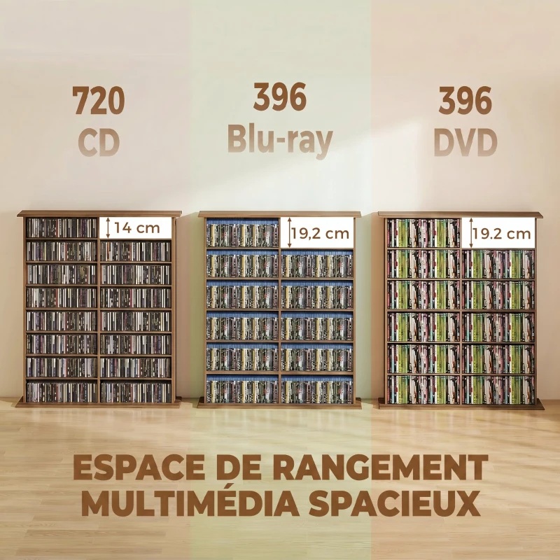 HOMCOM Rangements pour CD et DVD avec 16 compartiments et 12 étagères réglables capacité max. 720 CD/396 DVD et Blu-ray noyer
